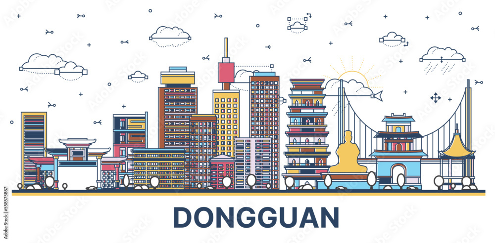 Outline Dongguan China City Skyline with Colored Historic and Modern Buildings Isolated on White. Vector Illustration.
