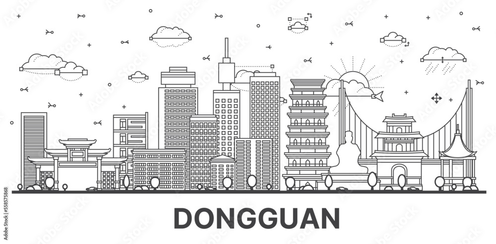 Outline Dongguan China City Skyline with Historic and Modern Buildings Isolated on White. Vector Illustration.