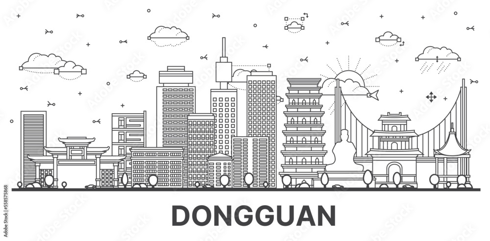 Obraz premium Outline Dongguan China City Skyline with Historic and Modern Buildings Isolated on White. Vector Illustration.