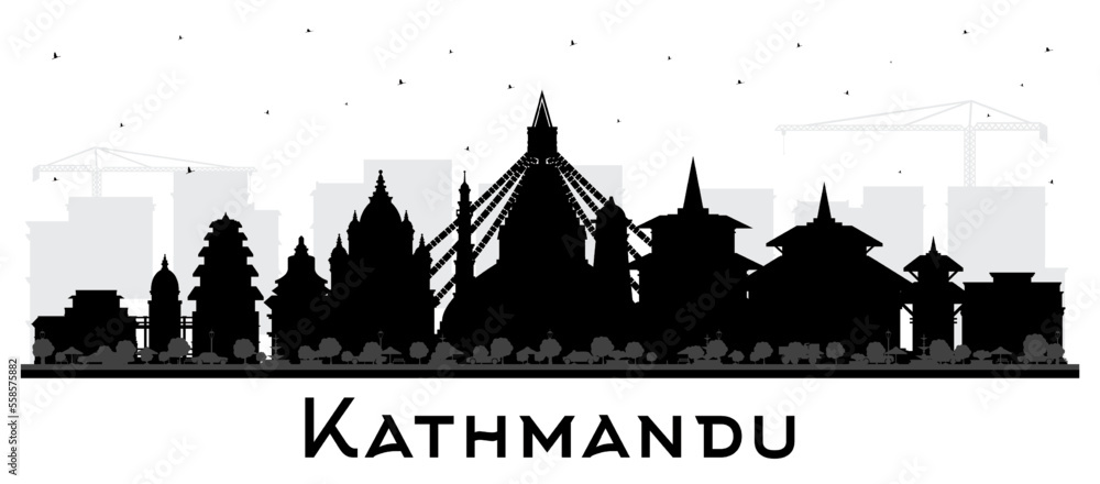 Kathmandu Nepal City Skyline Silhouette with Black Buildings Isolated on White.