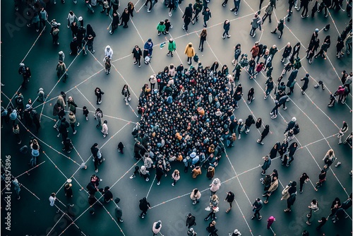 Aerial view of crowd connected by lines