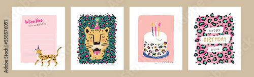 Fotografiet Set of birthday greeting cards with leopards, cake and leopard's pattern texture