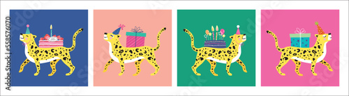 Fun party leopards with presents and cakes vector illustration.