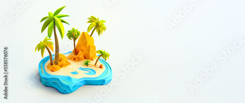 tropical island in the ocean 3d on a white background. a paradise island with palm trees in the sea for travel and trip relaxation. copyspace panorama ai generated
