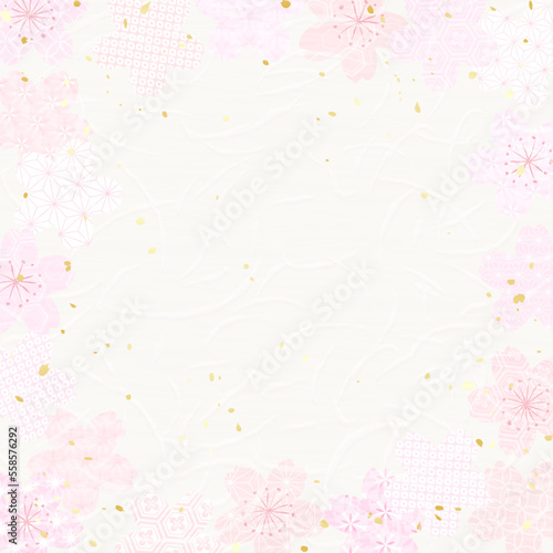 いろいろな模様の桜をあしらった和紙風背景イラスト