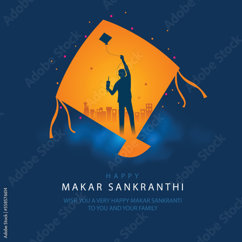 Indian festival Happy Makar Sankranti poster design with kites flying cloudy sky. abstract vector illustration design.