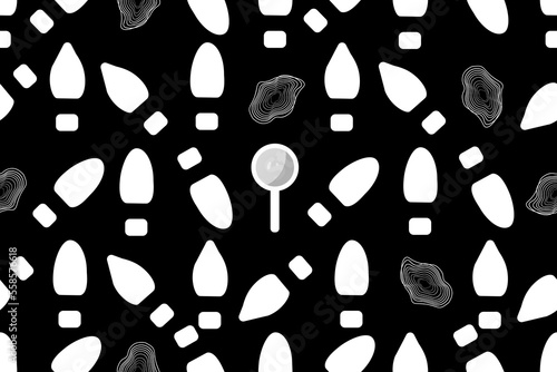 Black and white seamless pattern with traces of shoes, fingerprint and magnifying glass. Creative print for wallpaper in the shoe repair shop. Pathfinder concept. Print of bed linen and fabric.