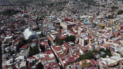 Downtown Guanajuato, Alhóndiga de Granaditas and Hidalgo Market seen from sky photo