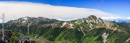 南アルプス　白峰三山縦走　西農鳥岳山頂から　荒川三山、赤石岳、塩見岳を望む