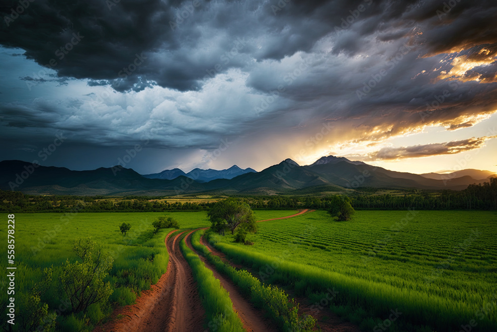 At sunset, a tillage field is in the foreground with storm clouds over the high mountains. Generative AI