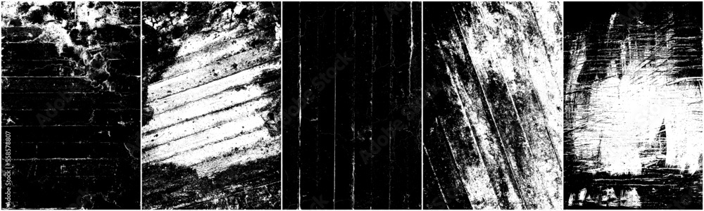 Set of distressed black texture. Dark grainy texture on white background. Dust overlay textured. Grain noise particles. Rusted white effect. Grunge design elements. Vector illustration, EPS 10.