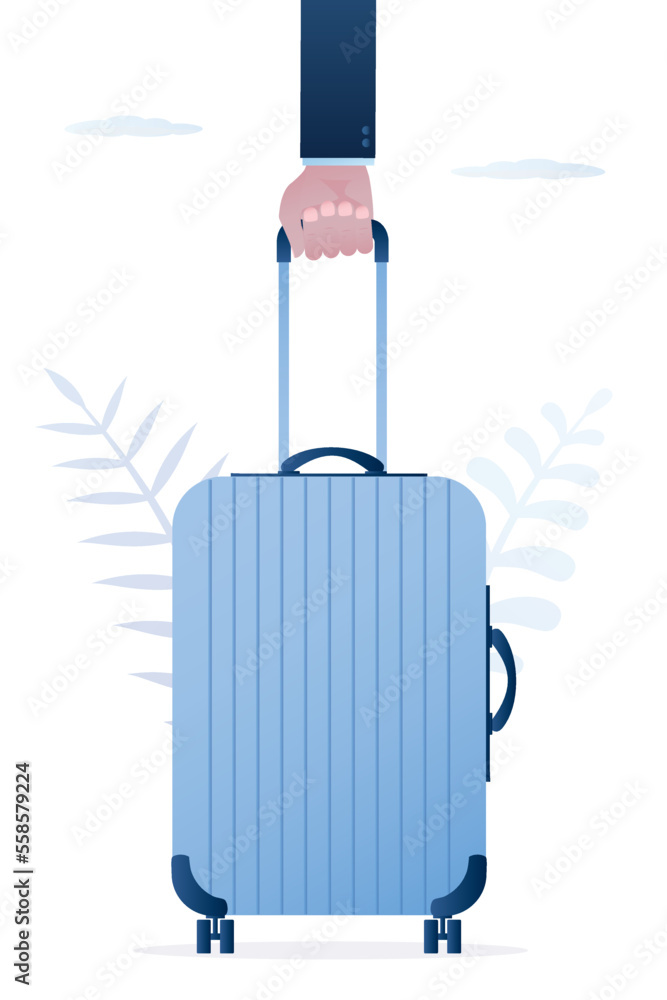 Obraz premium Traveler han hold suitcase. Businessman with luggage. Vacation, travel concept, vertical banner. Hand baggage. Male passenger with baggage.