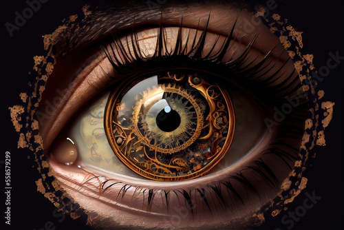 Generative AI illustration of clockwork in an eye  temporal vision  close focus