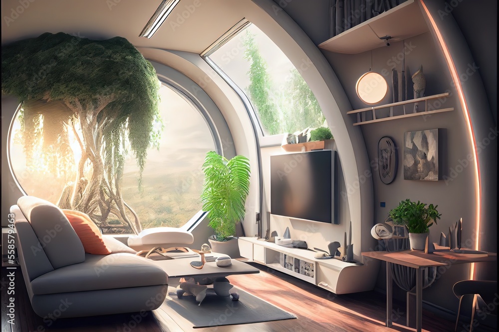 Generative AI illustration of comfy living room from the year 2050, Scandinavian Japanese sci-fi design - obrazy, fototapety, plakaty 