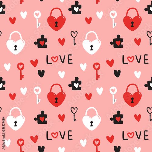 Vector seamless pattern for Valentines Day. Heart, key, heart-shaped lock and puzzle piece. Doodle illustration for wallpaper, fill web page background, surface textures