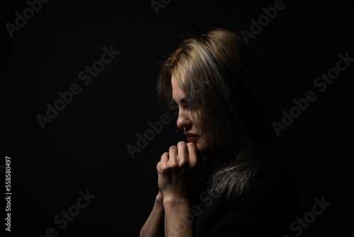 Woman hands praying to god. Woman Pray for god blessing to wishing have a better life. begging for forgiveness and believe in goodness. Christian life crisis prayer to god.