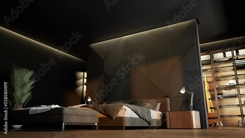 Modern spacious bedroom in dark colors and a wardrobe with illuminated shelves. 3d render