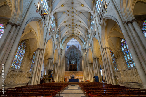 York Minster , Roman Catholic Gothic church and cathedral with stain glass window corridor and hall during winter at York , United Kingdom : 2 March 2018