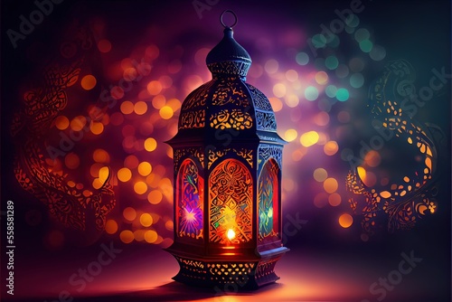 Generative AI illustration of Muslim Holy Month Ramadan Kareem Arabic Lantern with bokeh, Neon light and lantern displayed on stages with glowing light in the evening. Wallpaper and banner background. photo