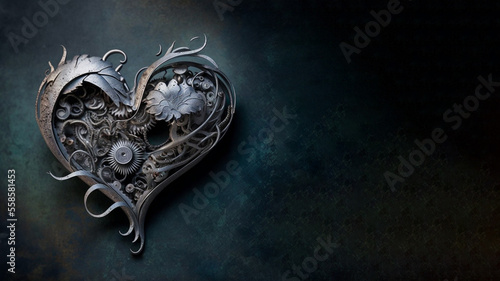 Beautiful metal artwork heart with grey black extended background created by generative artificial intelligence, generative ai