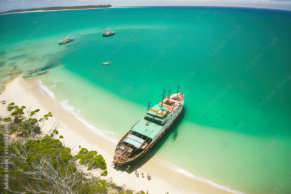 View from above of the ferry and shipwrecks on Moreton Island, Queensland, Australia. Generative AI