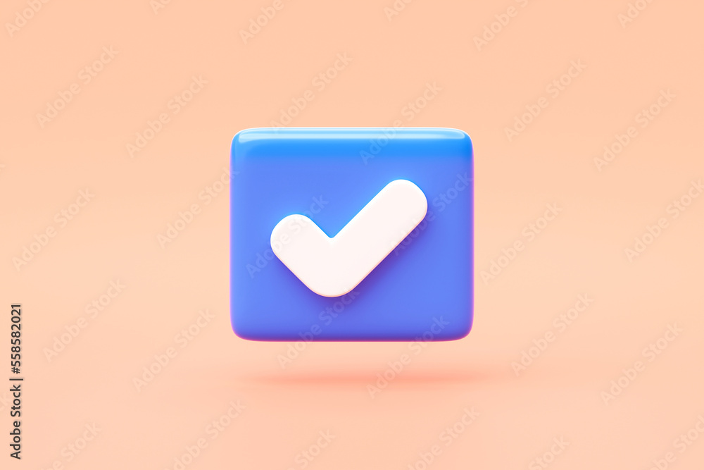 Blue check mark box 3d icon isolated on illustration symbol background with correct checkmark web button concept or tick checklist approved checkbox sign and confirm accept answer agreement option. Blue check mark box 3d icon isolated on illustration symbol background with correct checkmark web button concept or tick checklist approved checkbox sign and confirm accept answer agreement option.