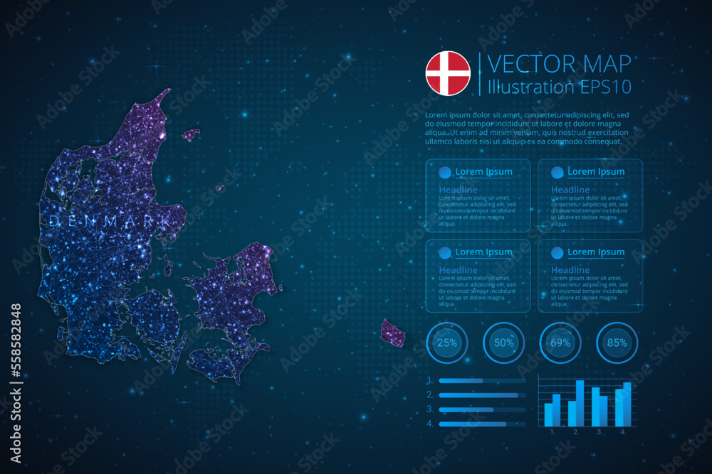 Denmark map infographics template for diagram, graph, presentation and chart with abstract geometric mesh polygonal light concept on blue background. Vector Illustration EPS10.