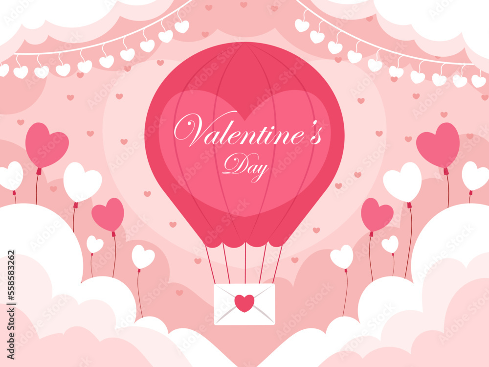 Happy valentine's day banner. Lovely background holiday with heart pink and air balloon. Vector illustration 