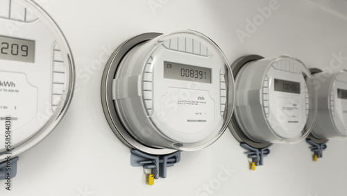 Row of electricity meters on the wall. 3D illustration photo