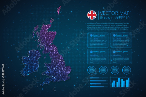 United Kingdom map infographics template for diagram, graph, presentation and chart with abstract geometric mesh polygonal light concept on blue background. Vector Illustration EPS10.