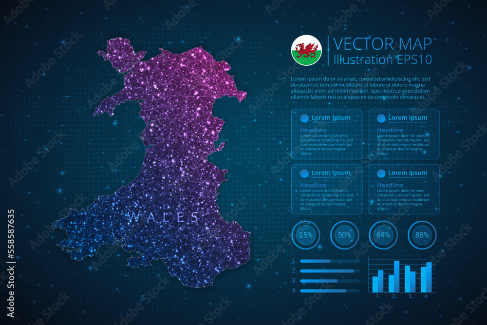 Wales map infographics template for diagram, graph, presentation and chart with abstract geometric mesh polygonal light concept on blue background. Vector Illustration EPS10.
