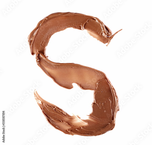 Cream chocolate spreading in shape letter S, alphabet isolated on white, clipping path, top view
