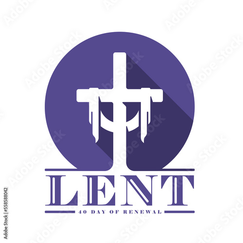 Lent ,40 day of renewal text and purple cross crucifix sign in circle symbol flat style vector design