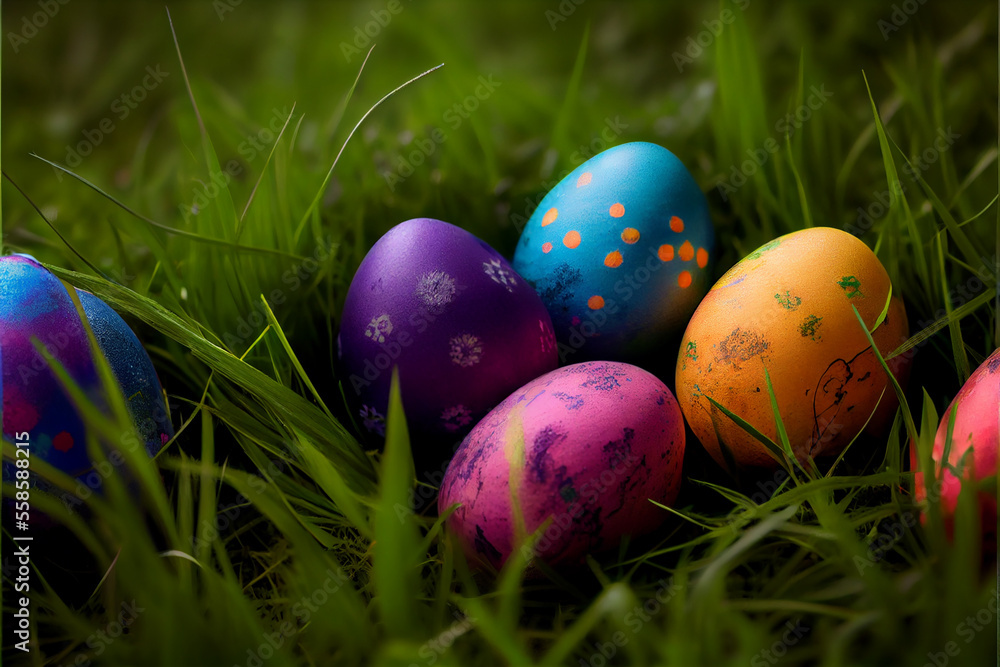 colorful easter eggs on green grass , colorful easter eggs on green grass ,