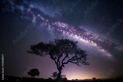 silhouette of a tree in Phu Hin Rong kla National Park with a cloud and the Milky Way Thailand's phitsanulok. Generative AI