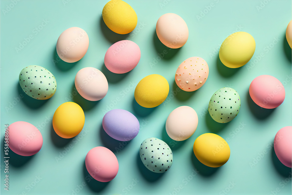 Top view of easter egg  multicolored egg on pastel background