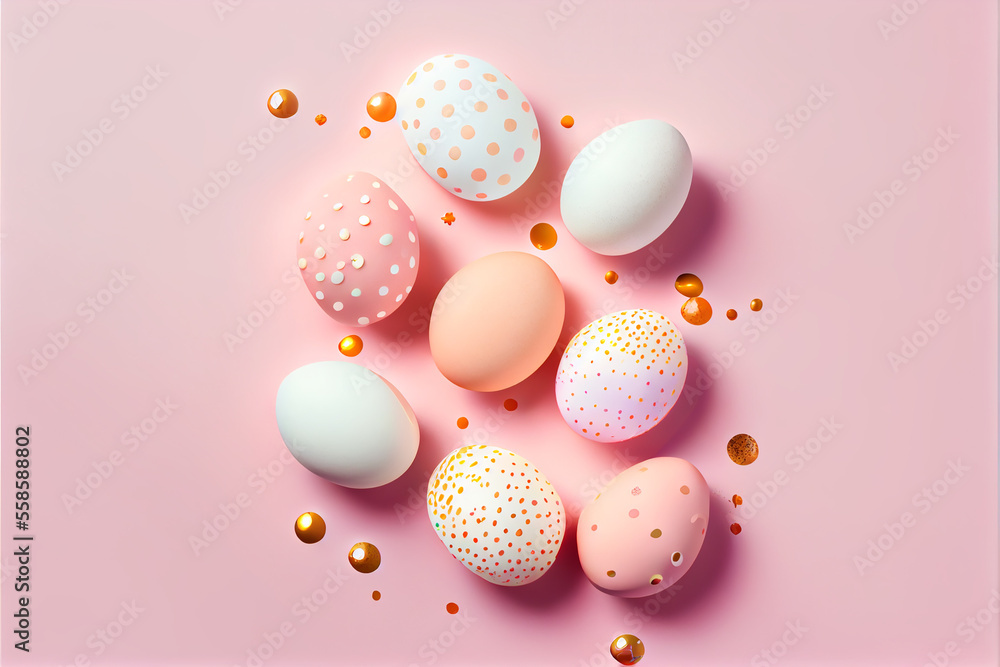 Fotografie Top view of easter egg  multicolored egg on pastel background
