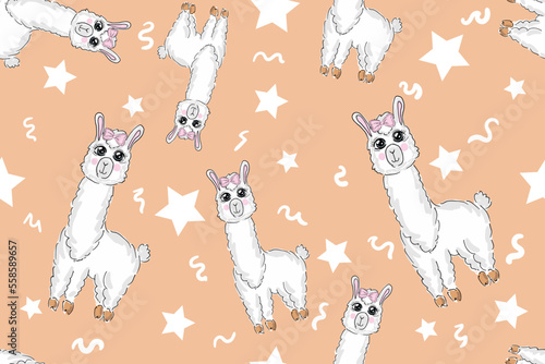 Cartoon Llama Alpaca Seamless Pattern. Hand Drawn Elements. Nursery Childish Textile, Wallpaper. Vector illustration
