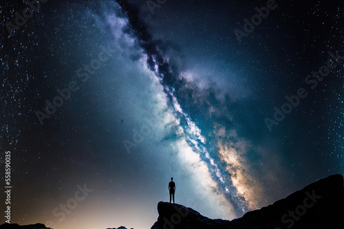 picture of the Milky Way Starry night with a silhouette of a guy standing on a mountain. Generative AI