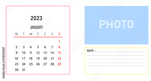 January calendar for year 2023. Monthly Weekly Schedule New Year Calendar 2023 Design Template.
