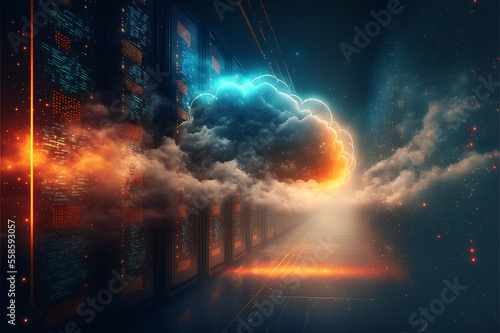 Futuristischer Korridor von Server, Super-Computer, Cloud-Computing mit Visualisierung von Datenströmen Internet Cloud 