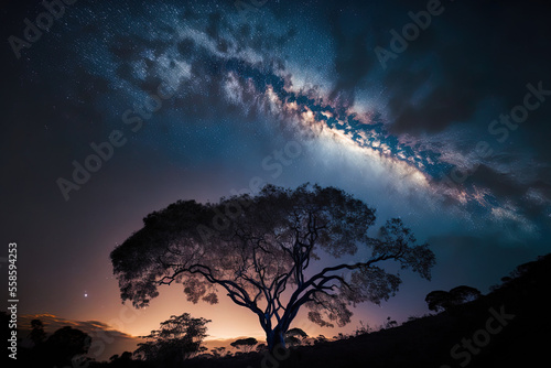 Milky way in Phu Hin Rong kla National Park with a cloud and tree silhouette. Generative AI