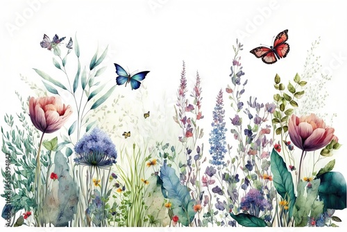 Bordure horizontale harmonieuse avec fleurs multicolores abstraites, feuilles et plantes vertes, papillons volants. Motif isolé à l'aquarelle sur fond blanc, prairie d'été illustration panoramique. #558594842