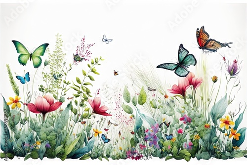 Bordure horizontale harmonieuse avec fleurs multicolores abstraites, feuilles et plantes vertes, papillons volants. Motif isolé à l'aquarelle sur fond blanc, prairie d'été illustration panoramique.