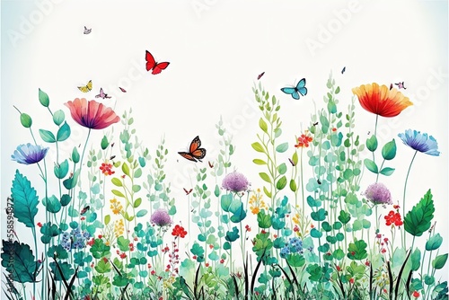 Fototapeta Bordure horizontale harmonieuse avec fleurs multicolores abstraites, feuilles et plantes vertes, papillons volants. Motif isolé à l'aquarelle sur fond blanc, prairie d'été illustration panoramique.