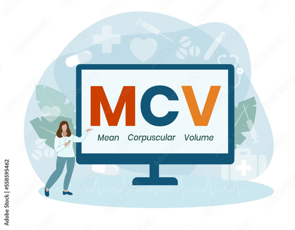 MCV - Mean Corpuscular Volume acronym. medical concept background. vector illustration concept with keywords. lettering illustration with icons for web banner, flyer, landing MCV - Mean Corpuscular Volume acronym. medical concept background. vector illustration concept with keywords. lettering illustration with icons for web banner, flyer, landing