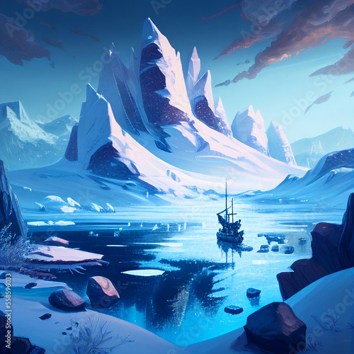 Arctic Mountain Landscape DND Roleplaying Environment Concept Ice Water Snow Painting Style Concept Generative AI Tools Technology illustration photo