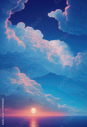 soft fluffy clouds above the sea. sky illustration. Beautiful sky and clouds.