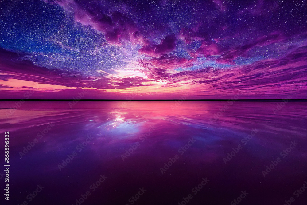 sunset at the beach with beautiful clouds in pink and red with reflections on the water