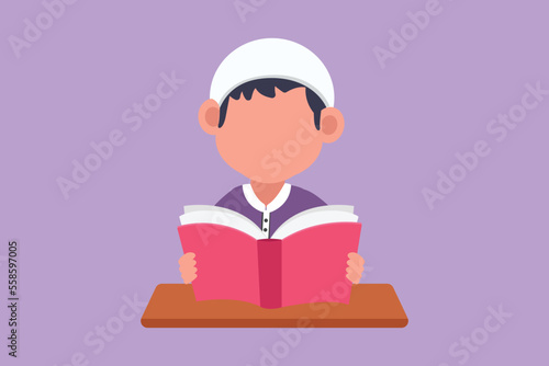 Character flat drawing adorable little baby boy is reading book at learning desk. Source of knowledge. Intelligent Arabian male student. Education and intellectual. Cartoon design vector illustration